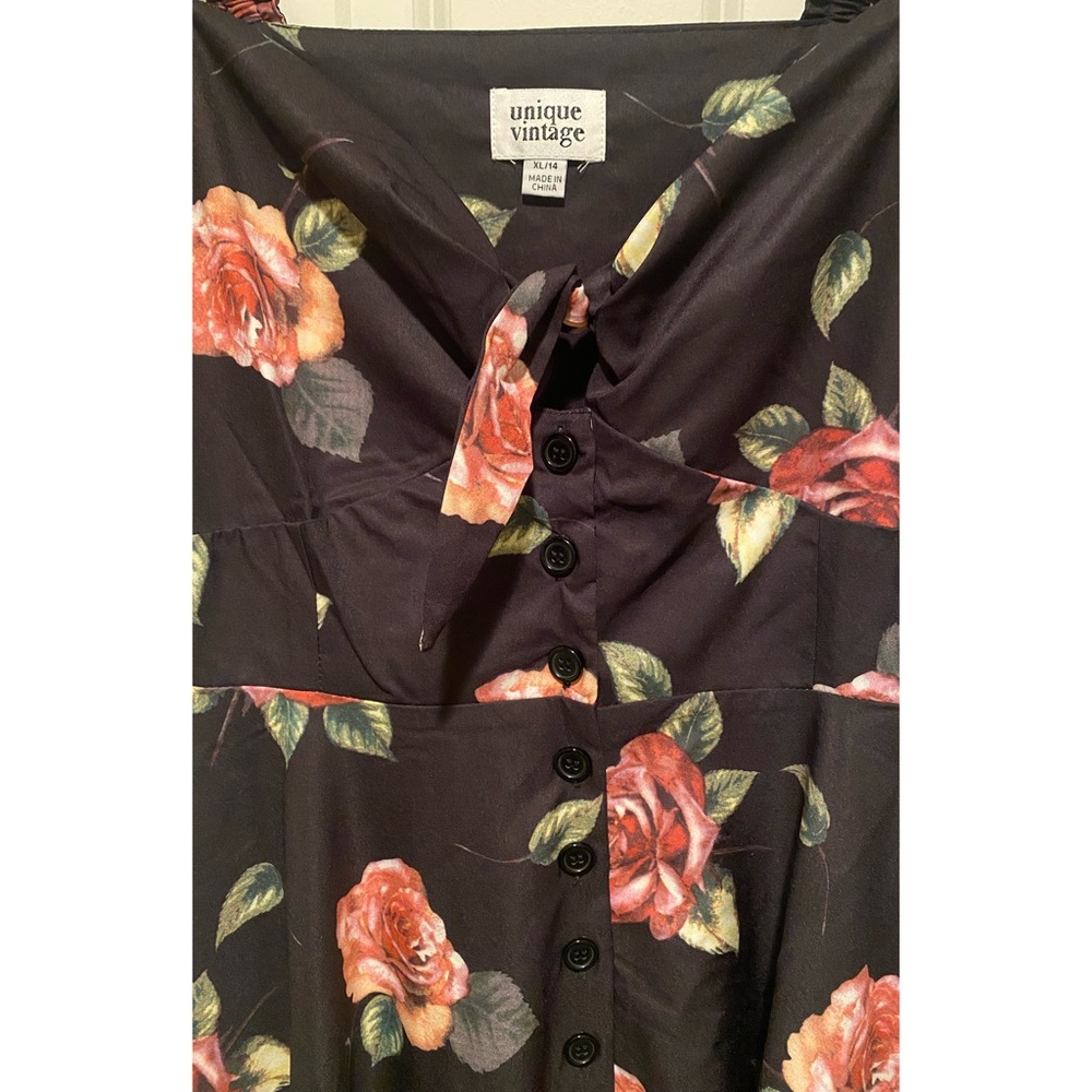 Unique Vintage Black & Pink Floral Ellias Swing Dress - Picture 7 of 10